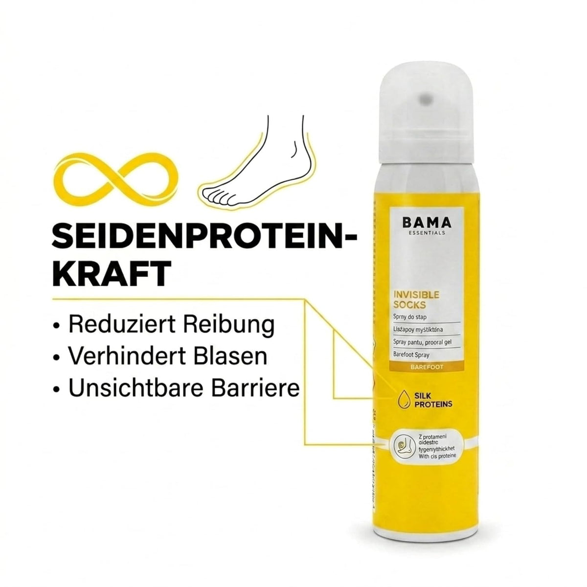 BAMA Invisible Socks – Anti-Reibungsspray für barfuß getragene Schuhe, 100 ml