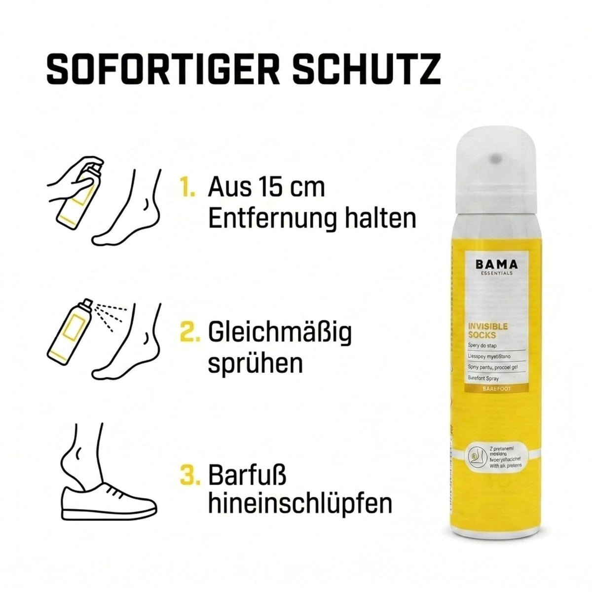 BAMA Invisible Socks – Anti-Reibungsspray für barfuß getragene Schuhe, 100 ml